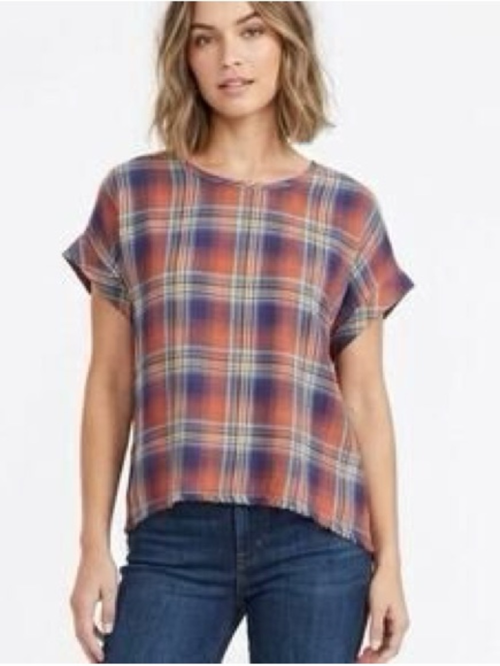 Anthropology cloth & stone Orange and Navy Plaid Short-Sleeve Top 1137 - Picture 1 of 5